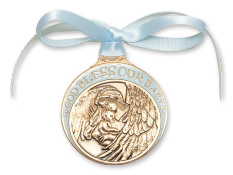 Gold Oxide Baby With Angel Crib Medal with Blue Ribbon