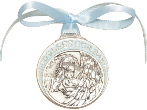 Pewter Baby With Angel Crib Medal with Blue Ribbon
