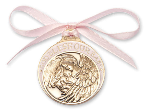 Gold Oxide Baby With Angel Crib Medal with Pink Ribbon