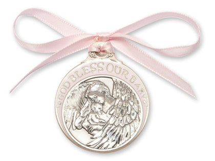 Pewter Baby With Angel Crib Medal with Pink Ribbon