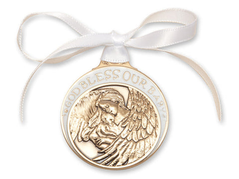 Gold Oxide Baby With Angel Crib Medal with White Ribbon