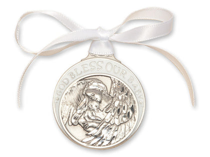 Pewter Baby With Angel Crib Medal with White Ribbon