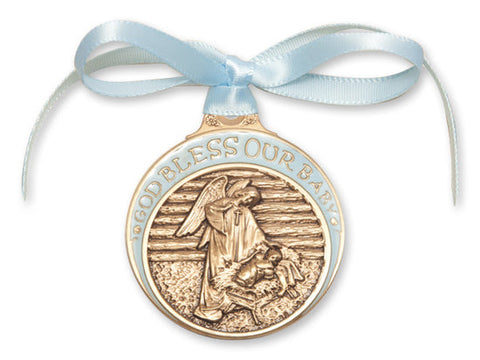 Gold Oxide Baby in Manger Crib Medal with Blue Ribbon