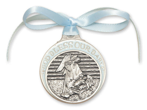 Pewter Baby in Manger Crib Medal with Blue Ribbon