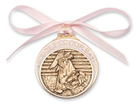 Gold Oxide Baby in Manger Crib Medal with Pink Ribbon