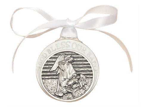 Pewter Baby in Manger Crib Medal with White Ribbon