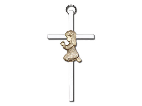 4 inch Antique Gold Praying Girl on a Polished Silver Finish Cross