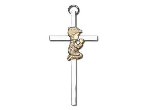 4 inch Antique Gold Praying Boy on a Polished Silver Finish Cross