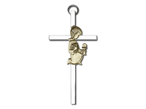 4 inch Antique Gold Communion Girl on a Polished Silver Finish Cross