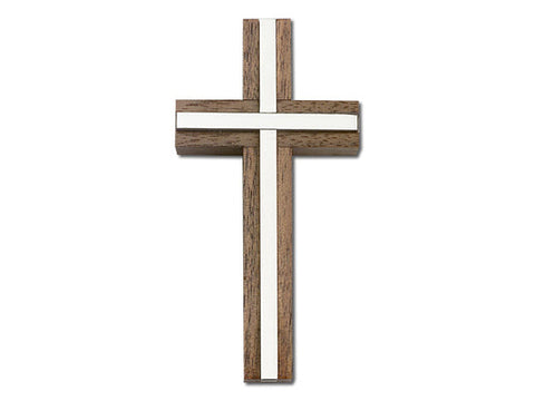 4 inch Plain Crucifix, Walnut with Antique Silver inlay
