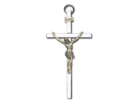 4 inch Antique Gold Crucifix on a Polished Silver Finish Cross