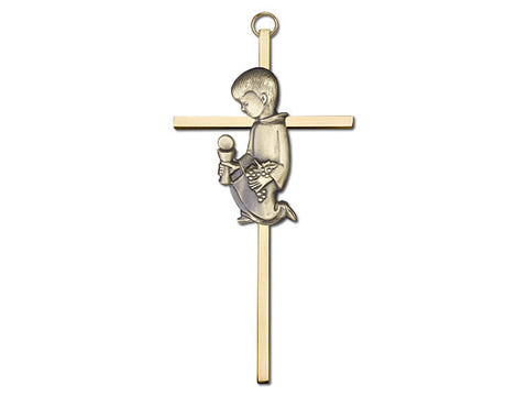 6 inch Antique Gold Communion Boy on a Polished Brass Cross