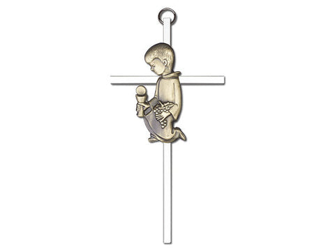6 inch Antique Gold Communion Boy on a Polished Silver Finish Cross