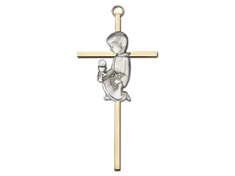 6 inch Antique Silver Communion Boy on a Polished Brass Cross
