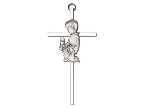 6 inch Antique Silver Communion Boy on a Polished Silver Finish Cross