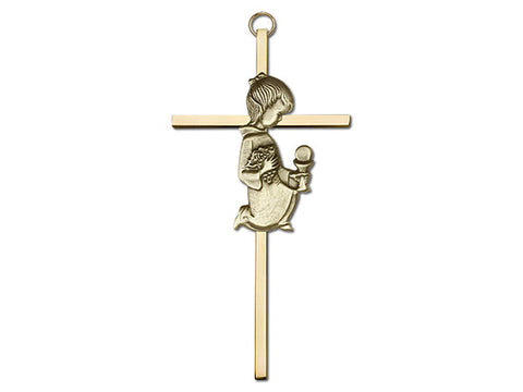 6 inch Antique Gold Communion Girl on a Polished Brass Cross