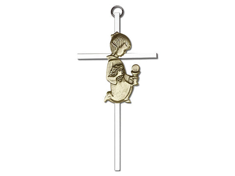 6 inch Antique Gold Communion Girl on a Polished Silver Finish Cross
