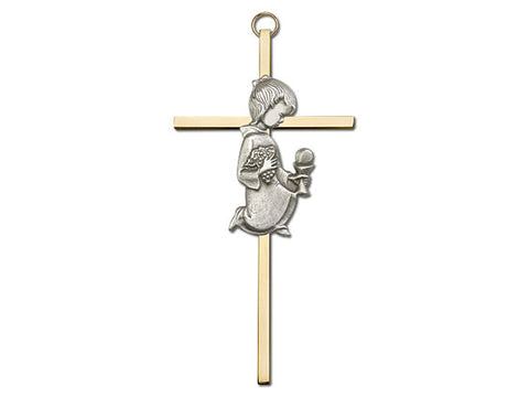 6 inch Antique Silver Communion Girl on a Polished Brass Cross