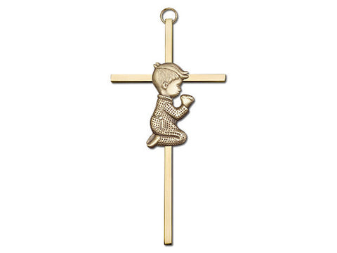 6 inch Antique Gold Praying Boy on a Polished Brass Cross