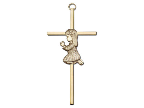 6 inch Antique Gold Praying Girl on a Polished Brass Cross