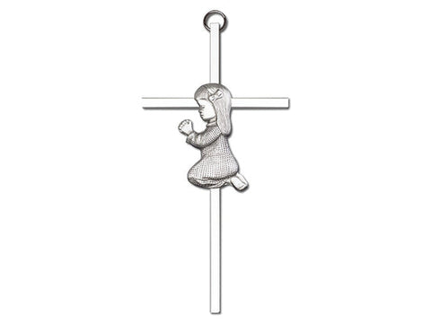 6 inch Antique Silver Praying Girl on a Polished Silver Finish Cross