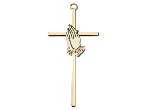 6 inch Antique Gold Praying Hands on a Polished Brass Cross