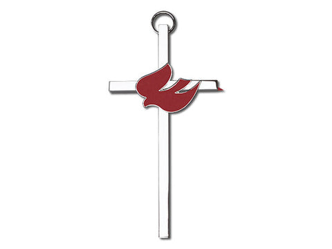 4 inch Polished Brass Red Enamel Holy Spirit on a Polished Silver Finish Cross