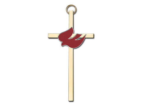 4 inch Polished Silver Finish Red Enamel Holy Spirit on a Polished Brass Cross