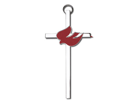 4 inch Polished Silver Finish Red Enamel Holy Spirit on a Polished Silver Finish Cross