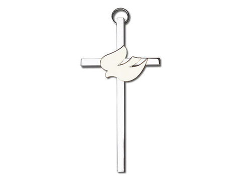 4 inch Polished Brass White Enamel Holy Spirit on a Polished Silver Finish Cross