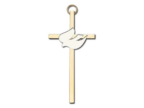 4 inch Polished Silver Finish White Enamel Holy Spirit on a Polished Brass Cross