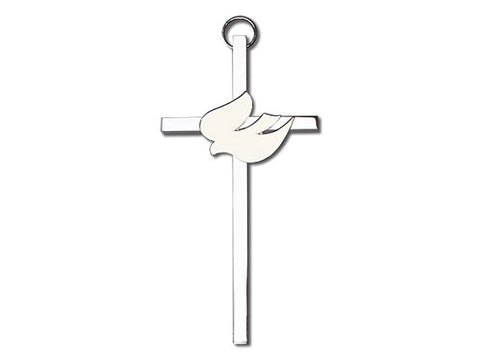 4 inch Polished Silver Finish White Enamel Holy Spirit on a Polished Silver Finish Cross
