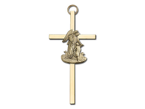 4 inch Antique Gold Guardian Angel on a Polished Brass Cross