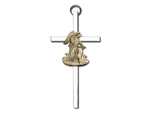 4 inch Antique Gold Guardian Angel on a Polished Silver Finish Cross