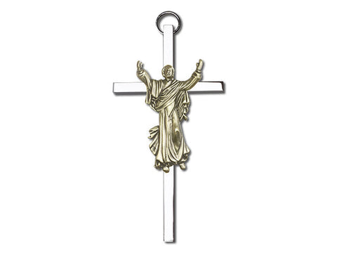 4 inch Antique Gold Risen Christ on a Polished Silver Finish Cross