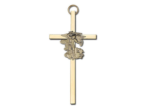 4 inch Antique Gold St. Michael on a Polished Brass Cross