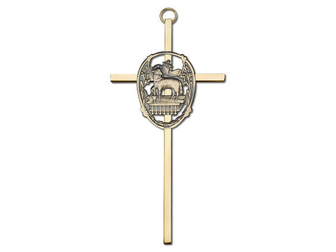 6 inch Antique Gold Lamb of God on a Polished Brass Cross