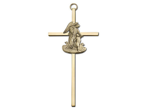 6 inch Antique Gold Guardian Angel on a Polished Brass Cross