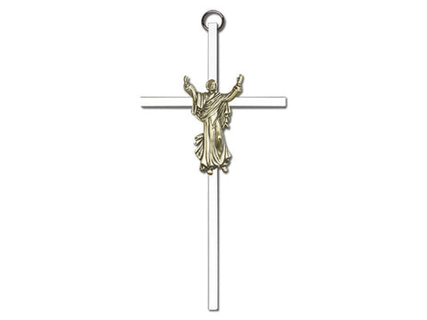 6 inch Antique Gold Risen Christ on a Polished Silver Finish Cross