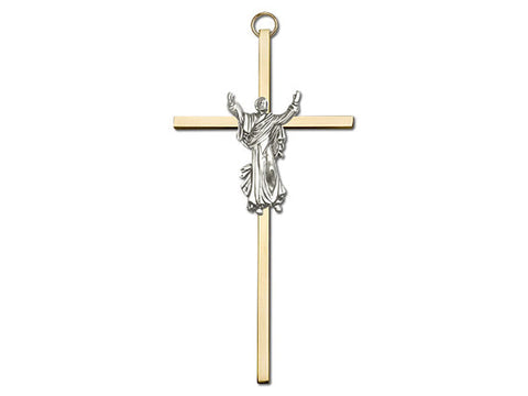 6 inch Antique Silver Risen Christ on a Polished Brass Cross