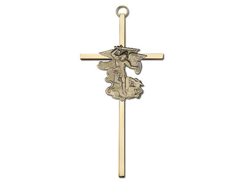 6 inch Antique Gold St. Michael on a Polished Brass Cross