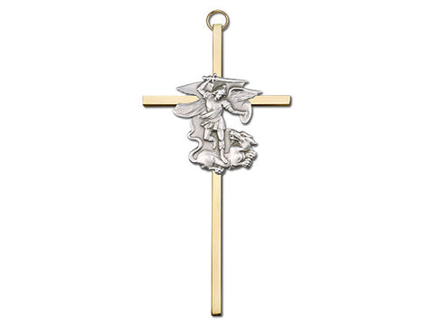 6 inch Antique Silver St. Michael on a Polished Brass Cross