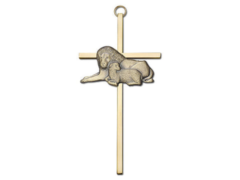 6 inch Antique Gold Lion & Lamb on a Polished Brass Cross