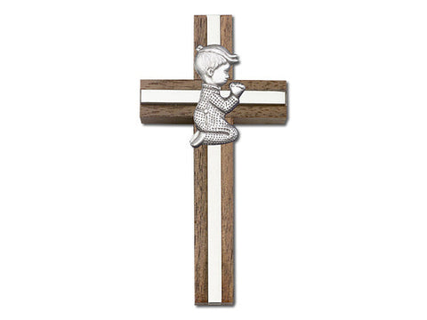 4 inch Praying Boy Cross, Walnut with Antique Silver inlay
