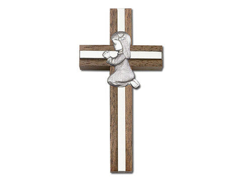 4 inch Praying Girl Cross, Walnut with Antique Silver inlay