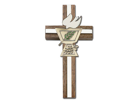 4 inch Enameled Confirmation Chalice Cross, Walnut with Antique Gold Inlay