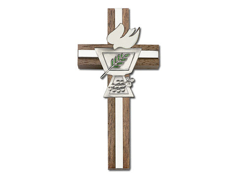 4 inch Enameled Confirmation Chalice Cross, Walnut with Antique Silver Inlay