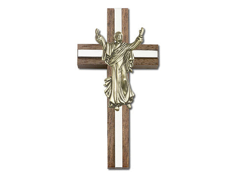 4 inch Contemporary Risen Christ Cross, Walnut with Antique Gold inlay