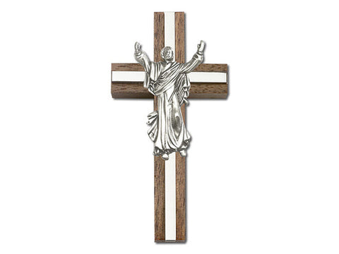 4 inch Contemporary Risen Christ Cross, Walnut with Antique Silver inlay