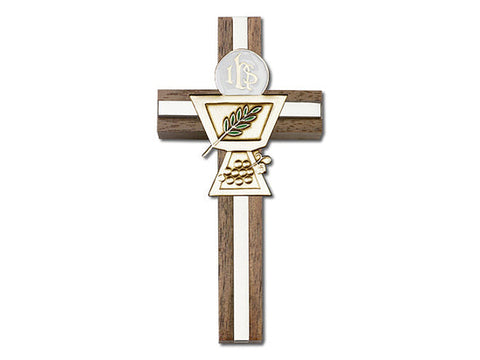 4 inch Enameled Communion Chalice Cross, Walnut with Antique Gold inlay